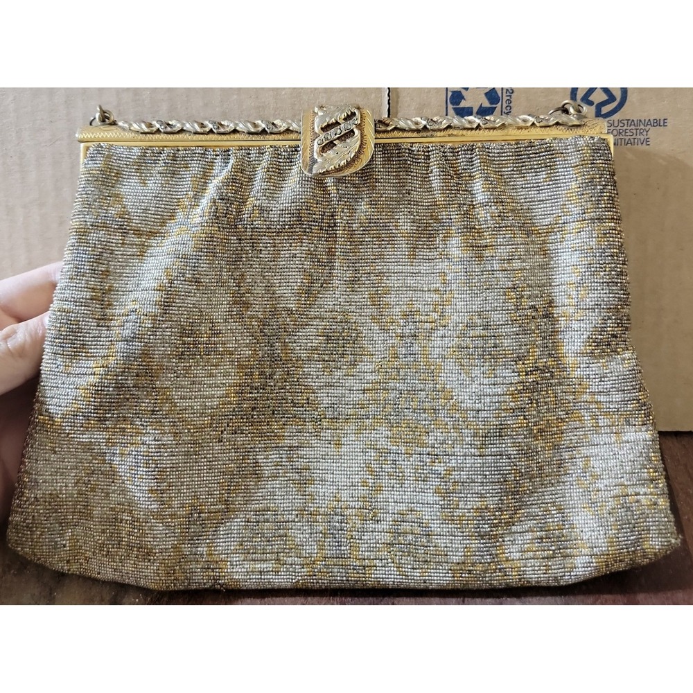 Vintage Morabito Vendome PARIS Beaded Gold Silver Mesh Frame Clutch Evening Bag